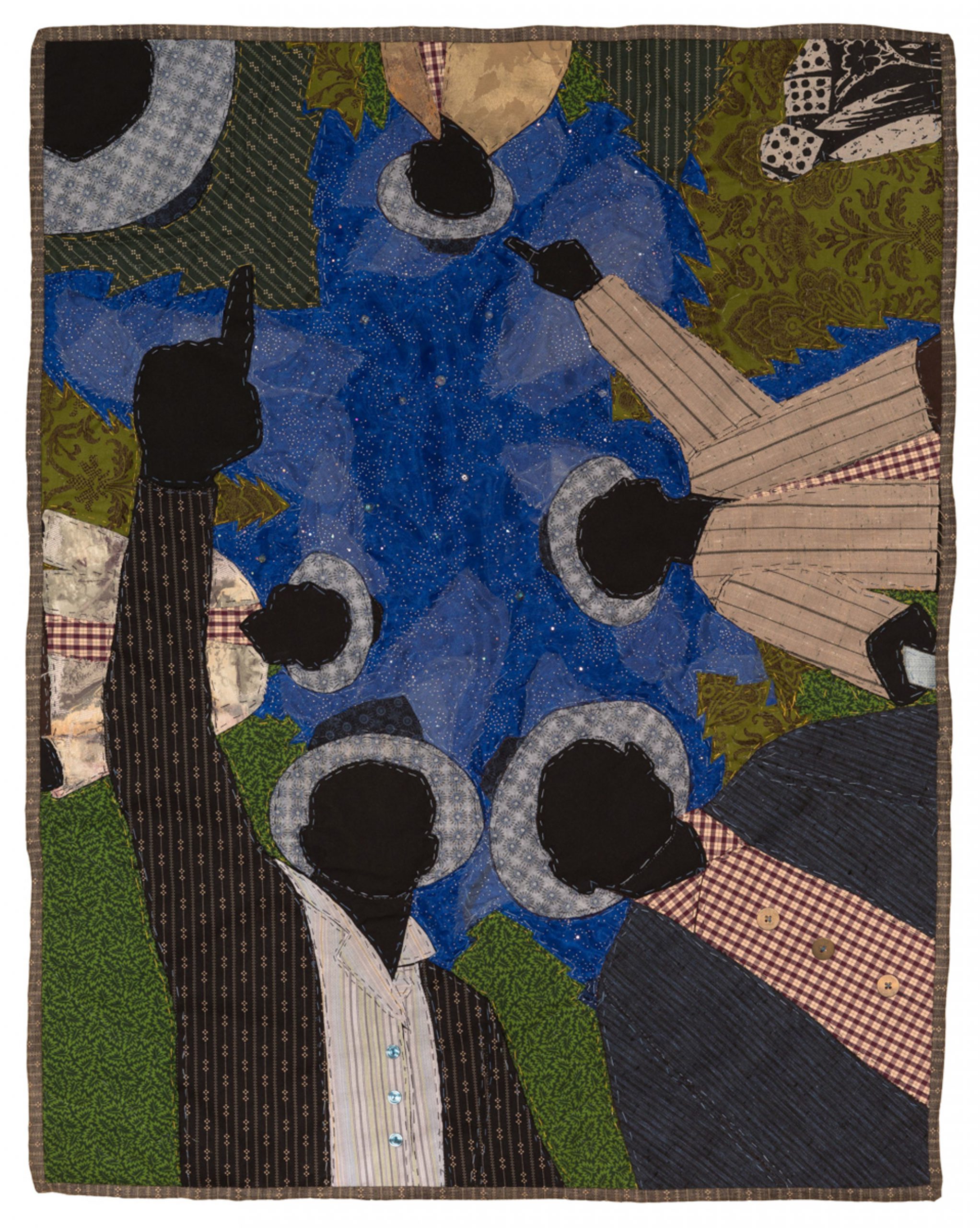 Stephen Towns, One Night at Cabin Pond, 2016.   #4 from the series Story Quilts. Natural and synthetic fabric, nylon tulle, polyester and cotton thread, Thermoweb, cotton/polyester blend batting, crystal glass beads, resin and metal buttons. 35 x 28 1/2 inches. Gift of Clair Zamoiski Segal in Honor of Christopher Bedford (BMA 2018.149).