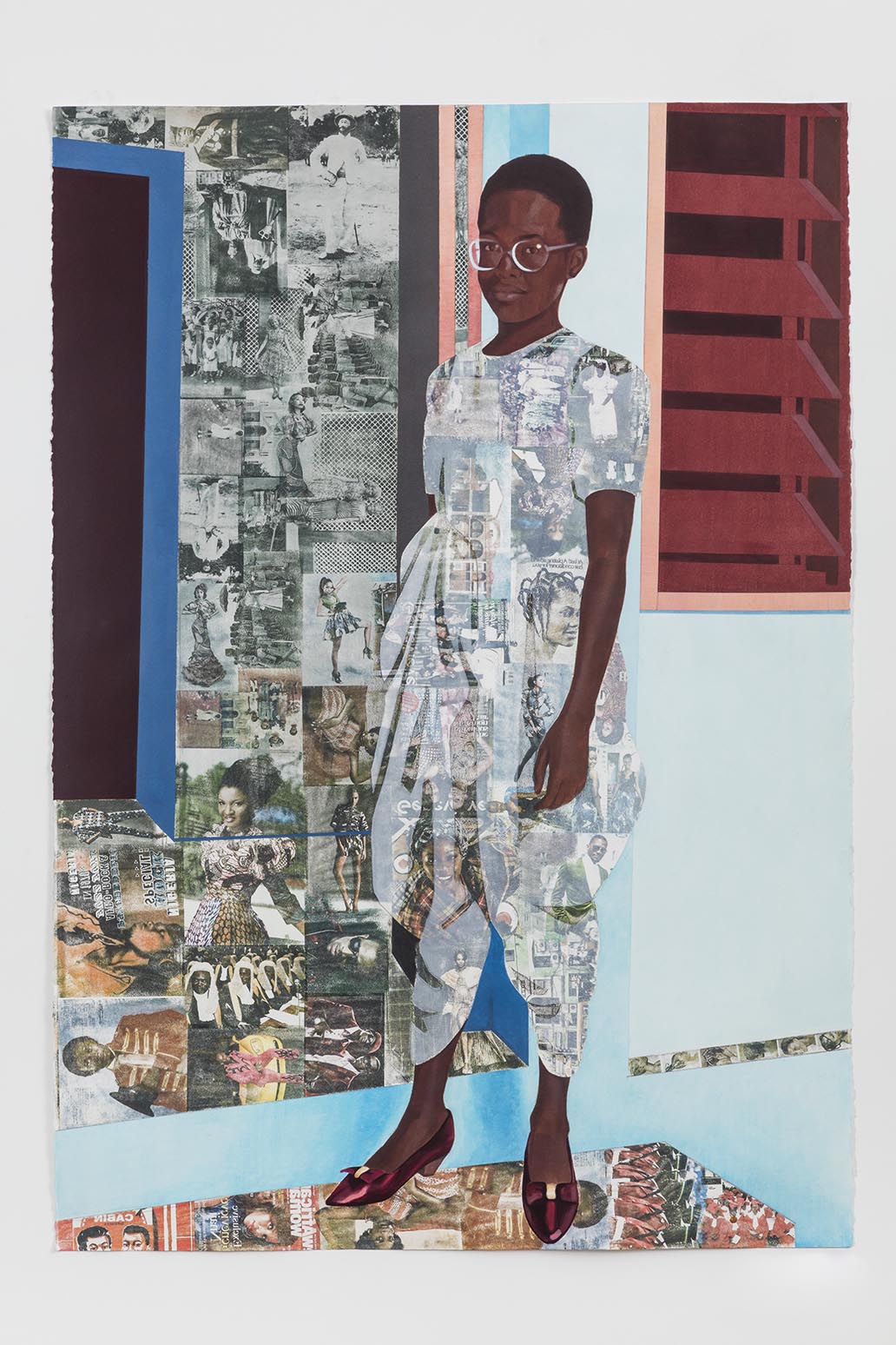 Njideka Akunyili Crosby、The Beautyful Ones no.1、2015年。アクリル、パステル、色鉛筆、ゼロックスの紙への転写。 60 x42インチ。アーティストとビクトリアミロ、ロンドンの礼儀。ジェイソン・ウィッシュによる写真。